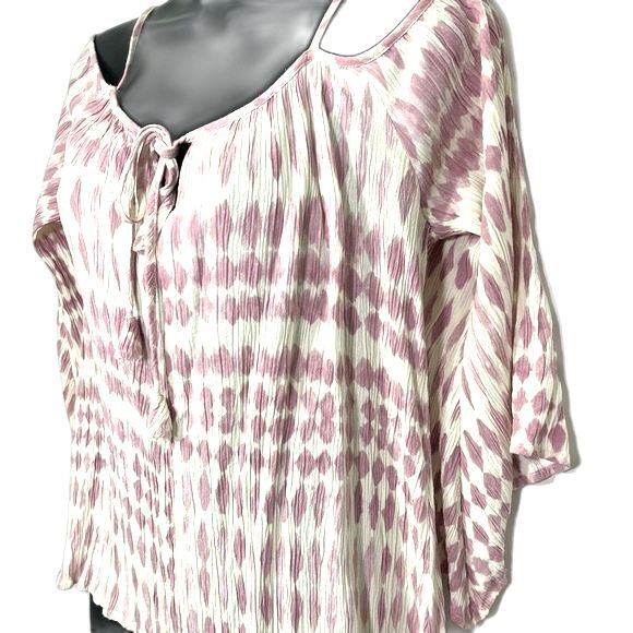 Lovestitch Cold Shoulder Tank Patterned Print 3/4 Sleeve Top Cream Pink Medium - Picture 3 of 11